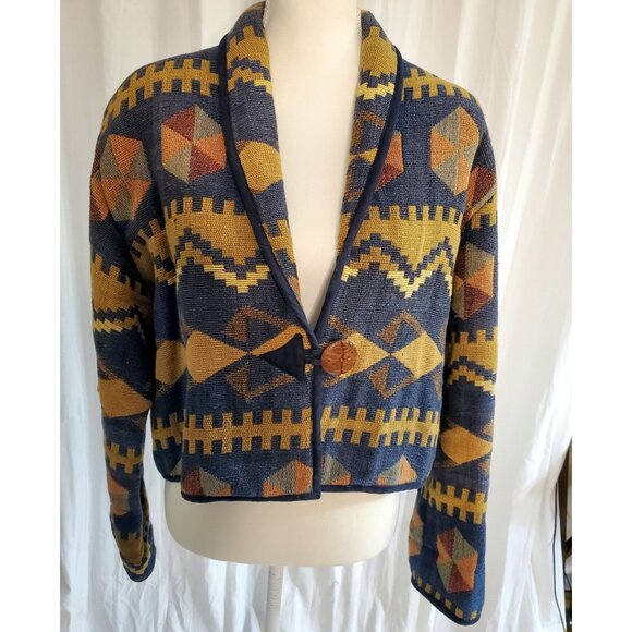 Vtg Keren Hart Aztec Tapestry Embroidered Jacket Womens Med. Button Up Cropped - Picture 2 of 14